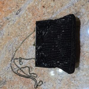 Vintage style black beaded purse with snap closure and chain strap